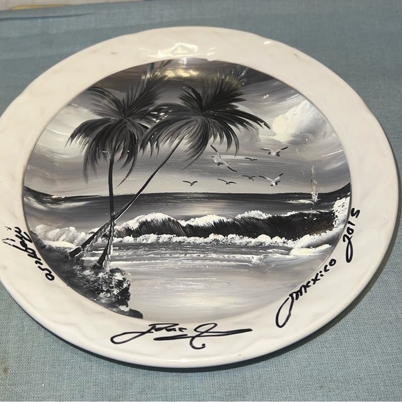 Signed‎ Mexican Art Plate, Black and White Beach Scene, Palm Trees, Seagulls - Picture 2 of 2